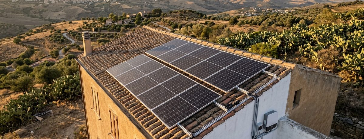 Impianto fotovoltaico su una casa siciliana, visto dall'alto