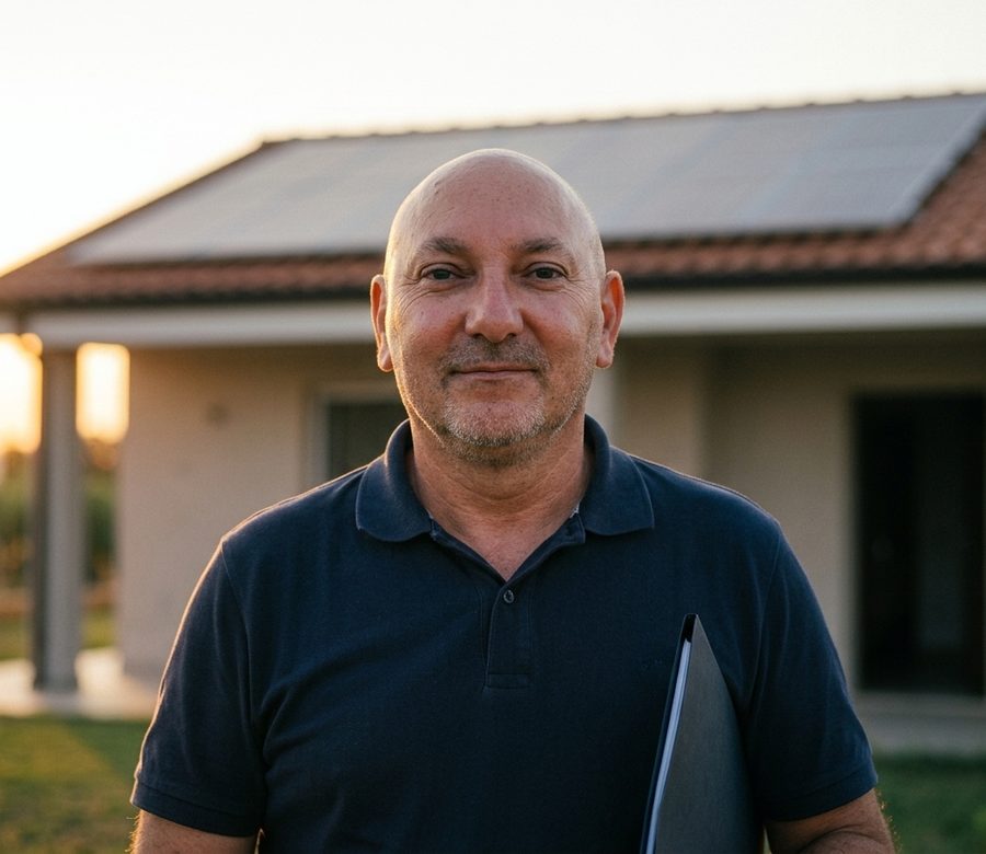 Gianluca Marsala davanti a una casa con l'impianto fotovoltaico sul tetto
